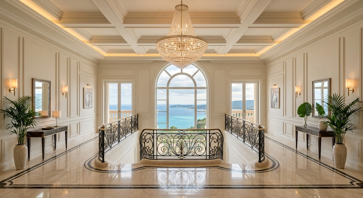 Upper hall with wrought-iron gallery railing and an arched window toward the sea