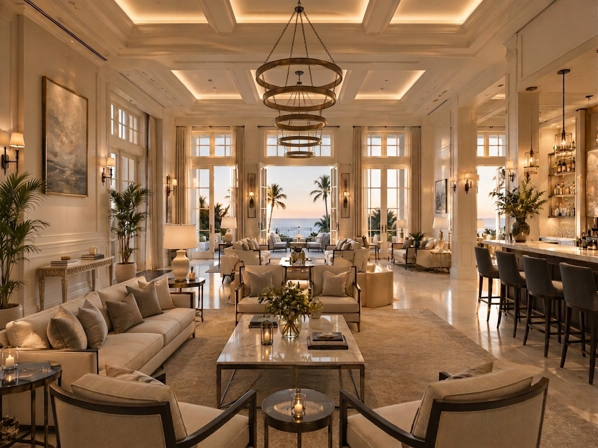 Lounge with coffered ceiling, fireplace, bar and French doors toward the ocean