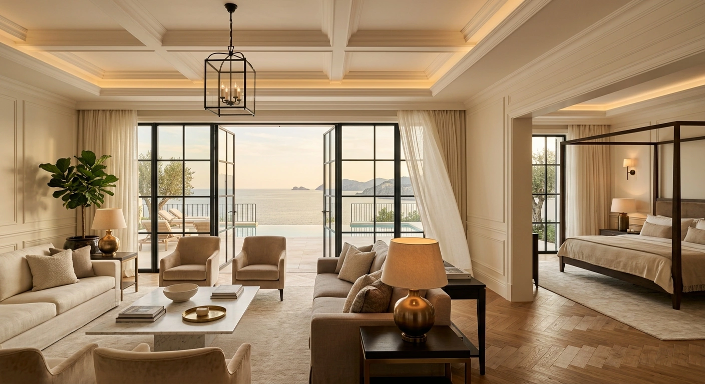 Suite with sitting area, four-poster bed and steel-framed doors opening to the terrace and sea