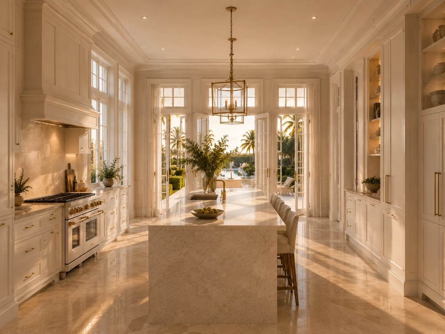Kitchen with a marble island and French doors to the garden