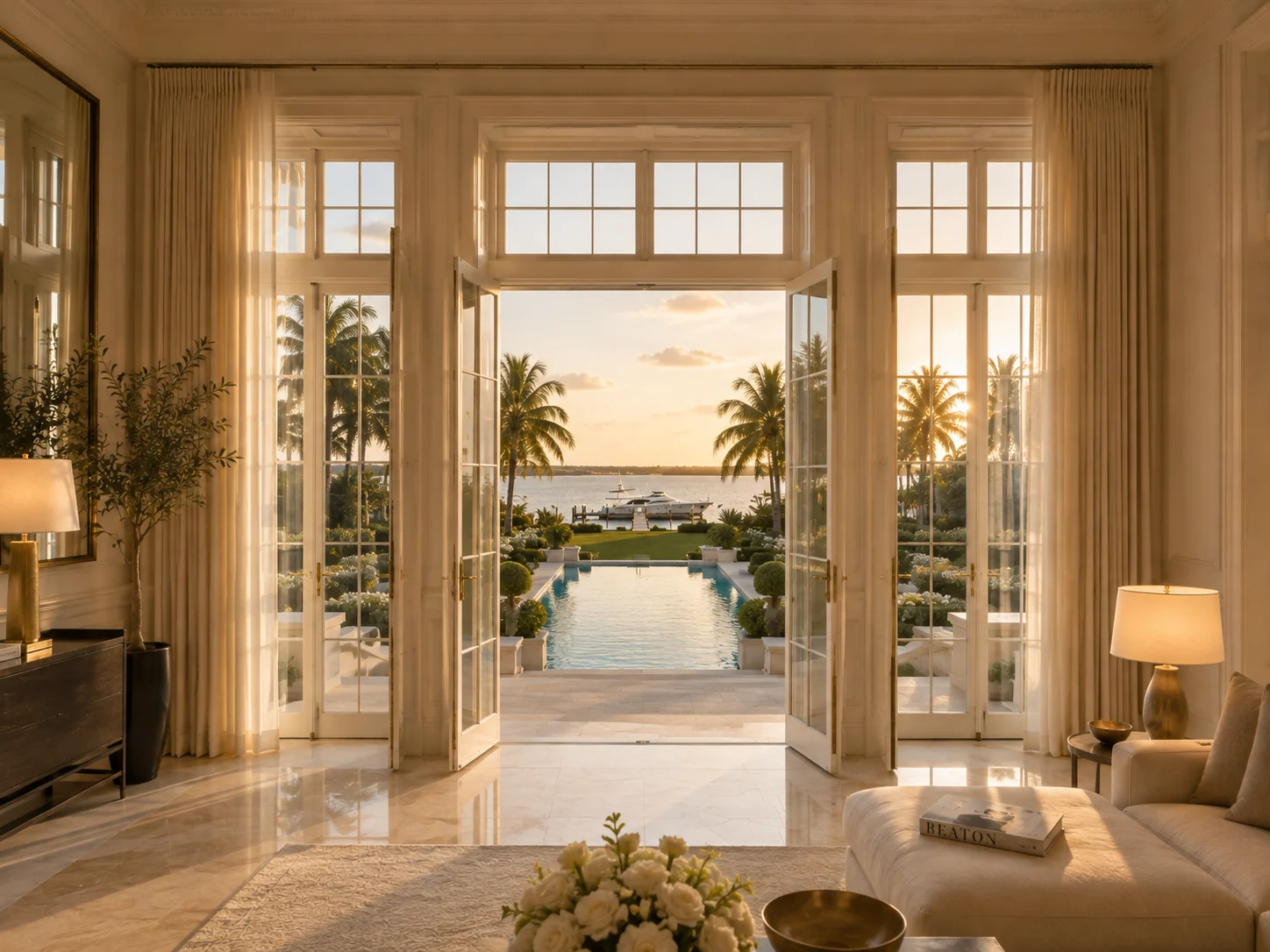 French doors looking across the pool to the bay