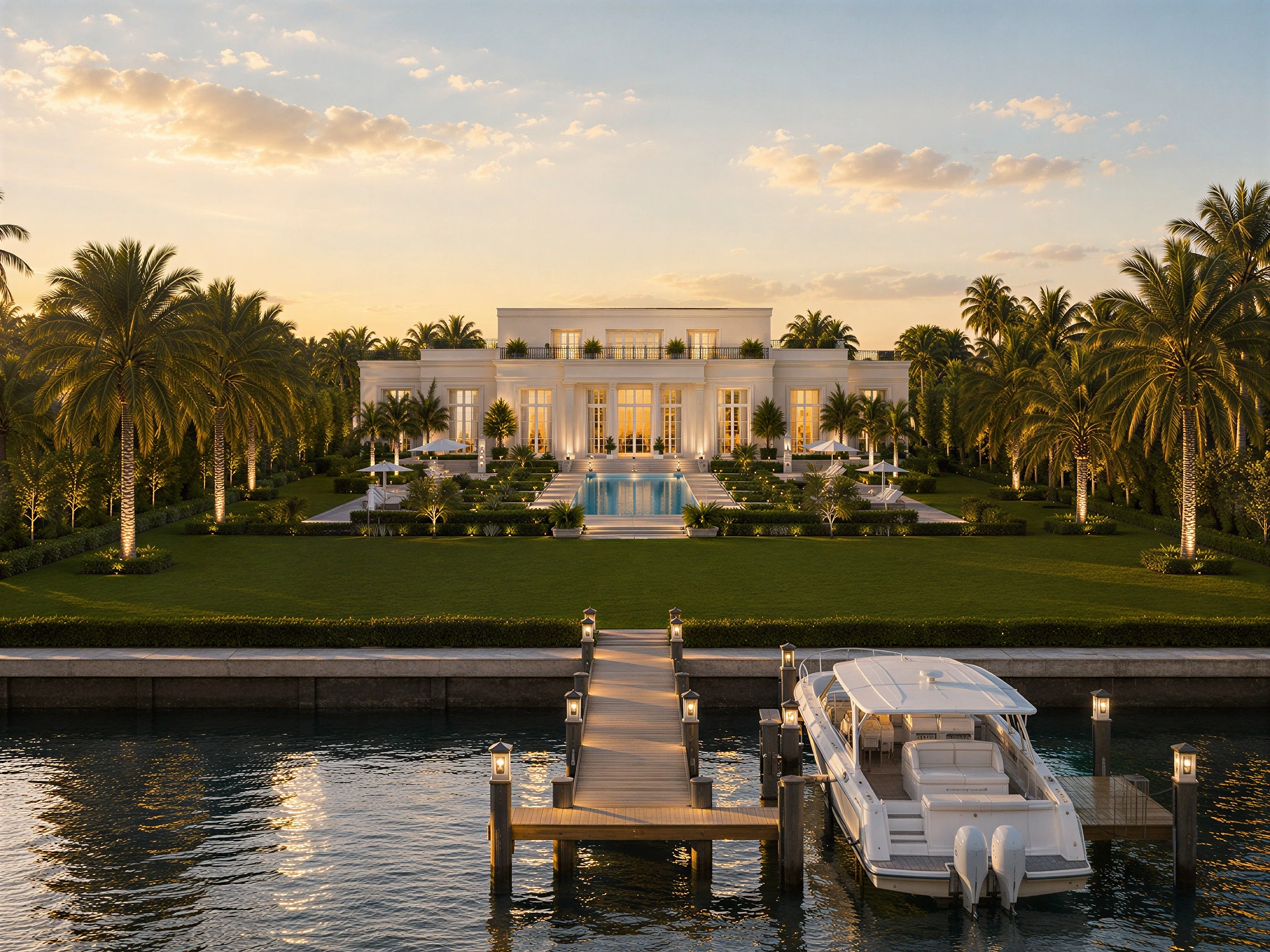 Water side with the pool on the centre axis and private dock