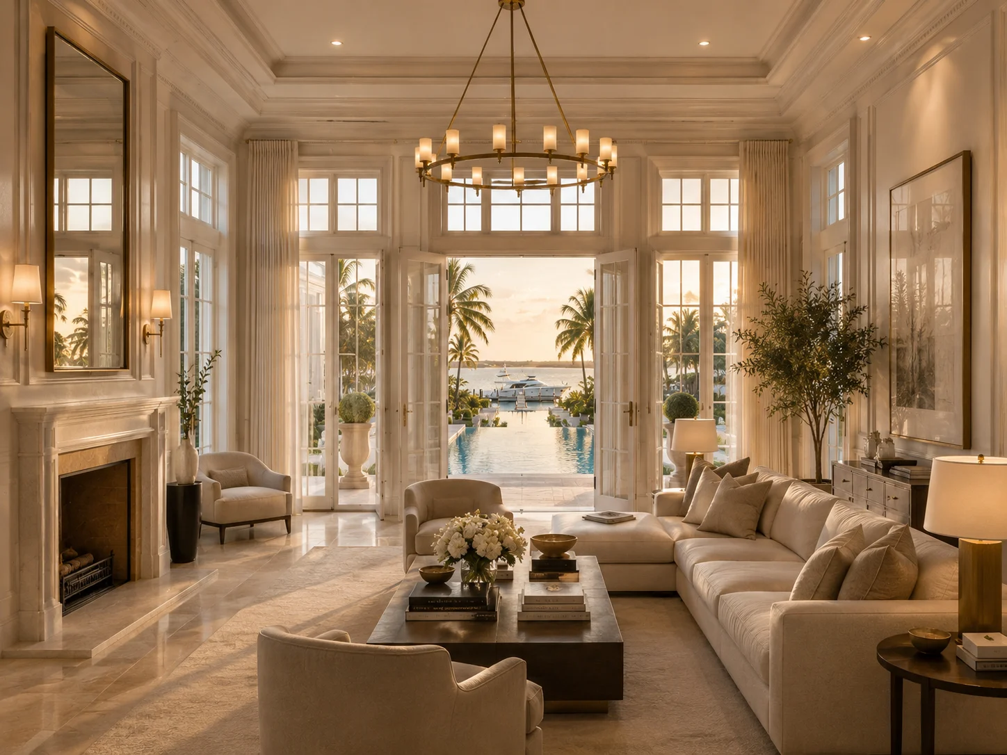 Living room with fireplace and French doors to the pool