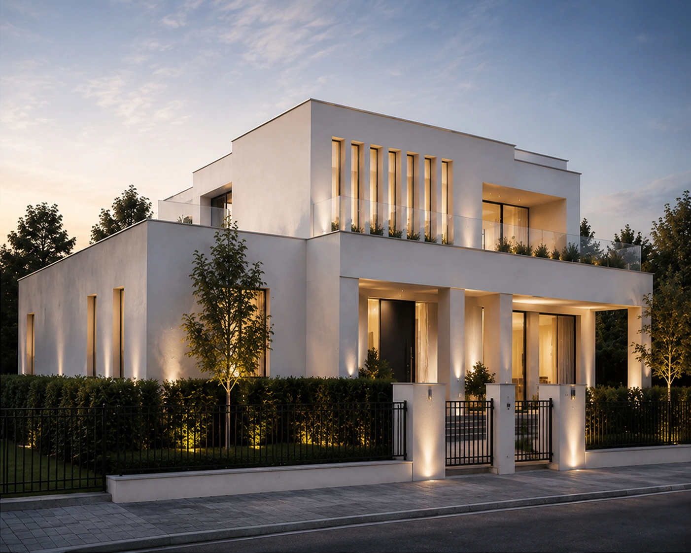 Modernism - town villa, street corner in evening light