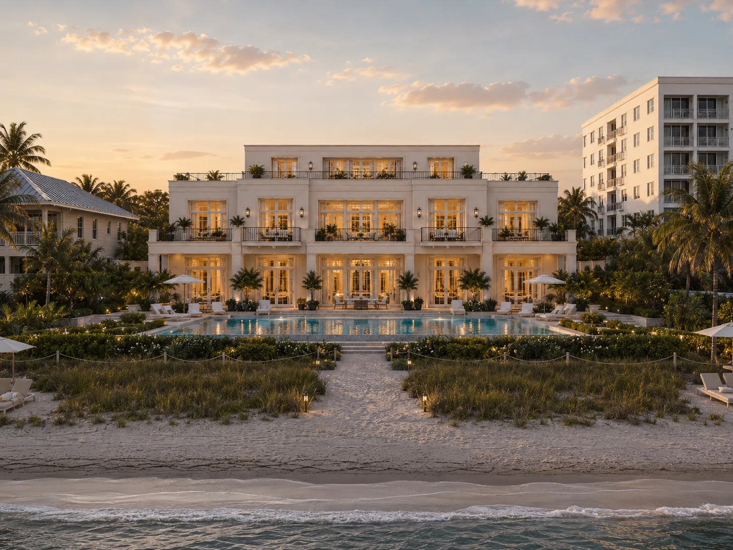 Ocean side of the Palm Beach hotel at dusk, pool terrace and beach