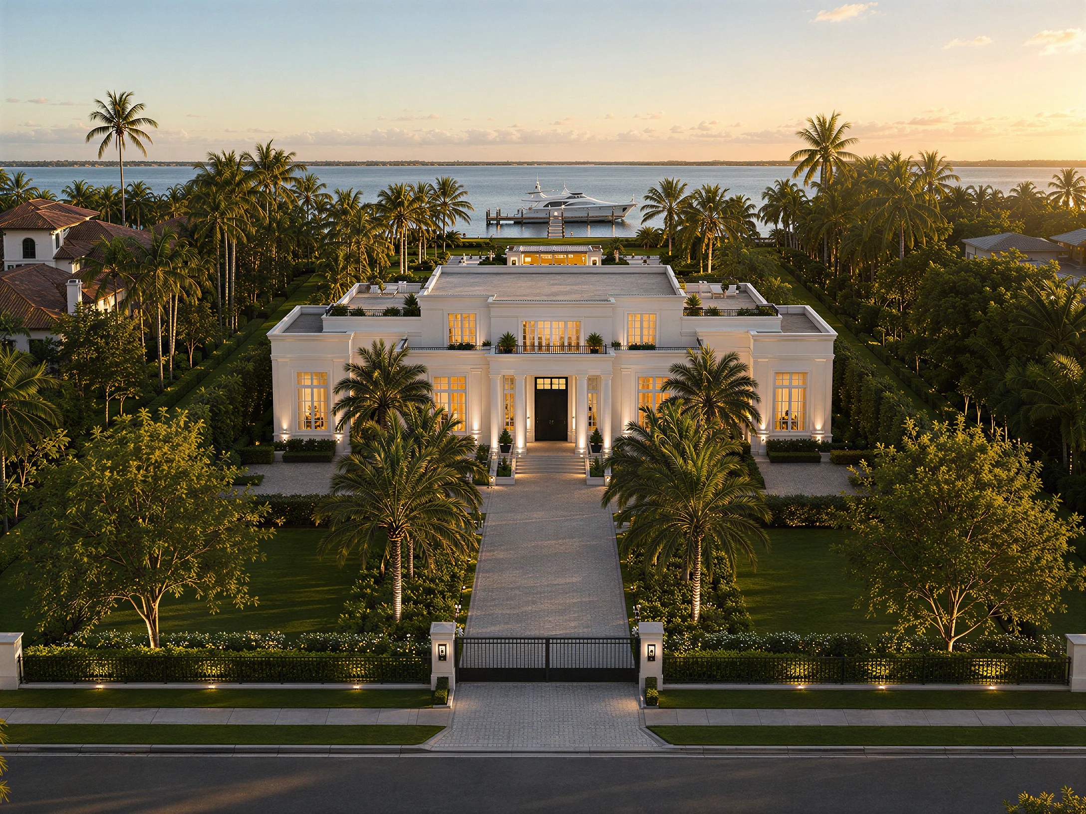 Aerial view of the white waterfront residence: palm-lined drive, bay with yacht at the dock in evening light